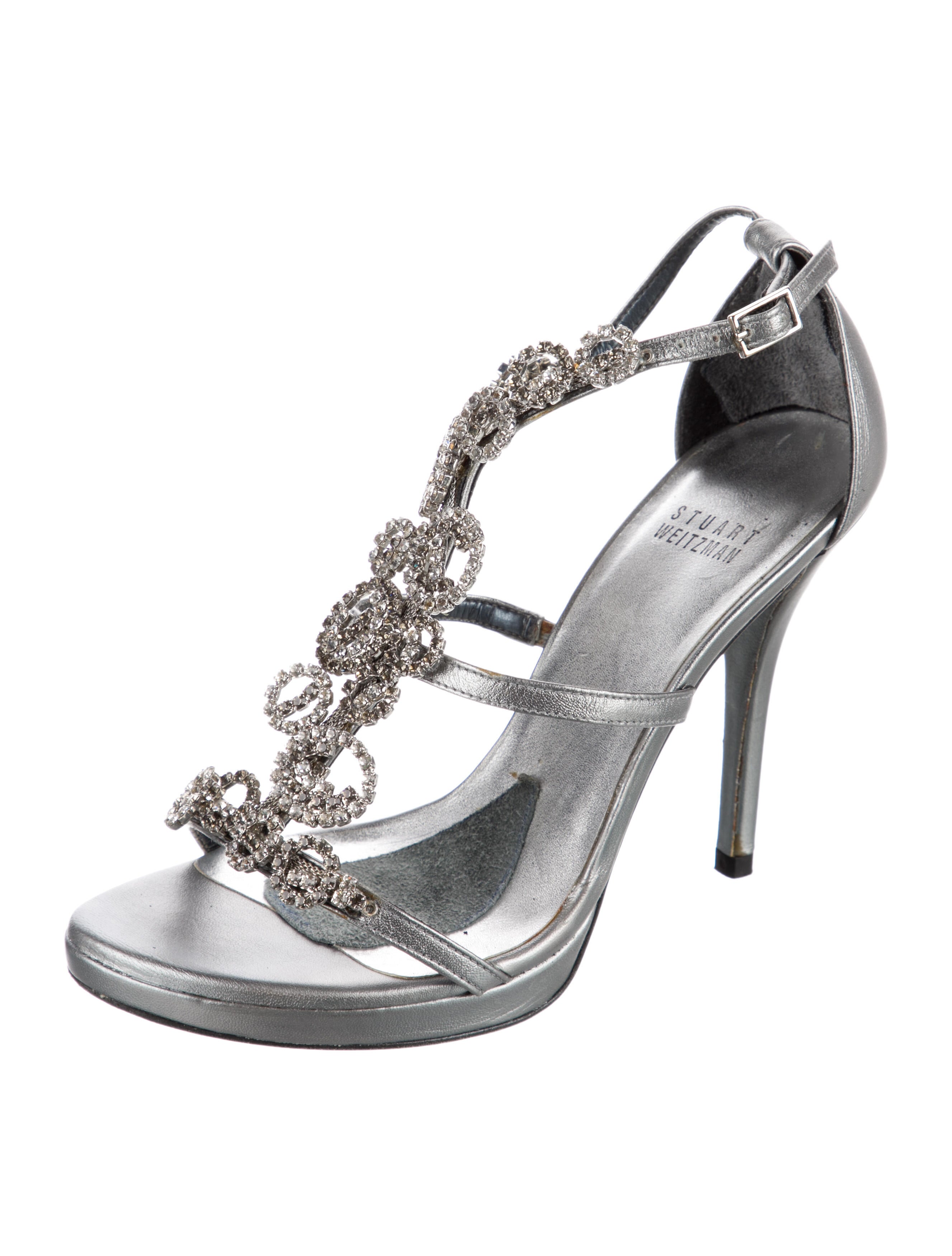 Stuart Weitzman Leather Crystal Embellishments T-Strap Sandals